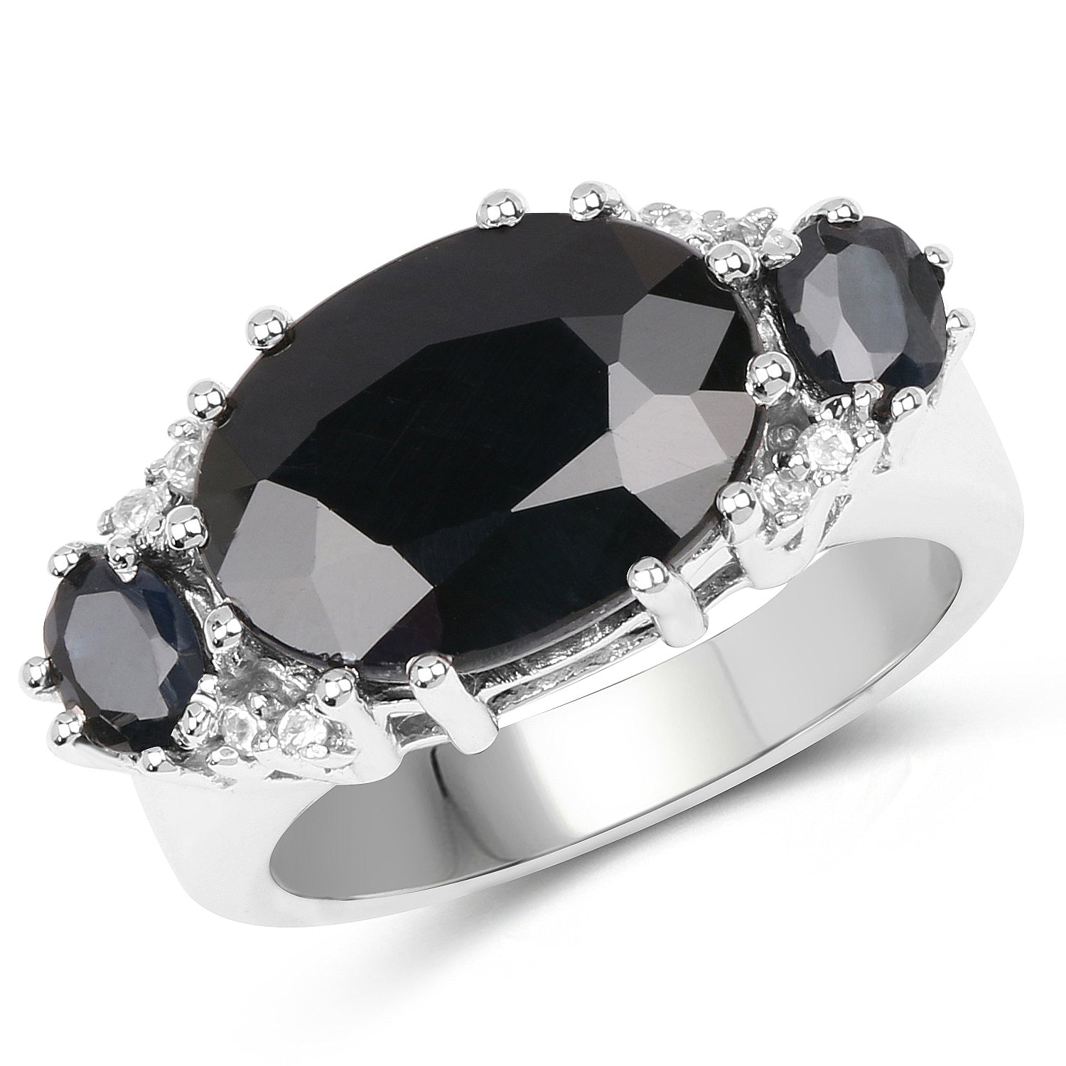 8.62 Carat Genuine Black Sapphire & White Topaz .925 Sterling Silver Ring