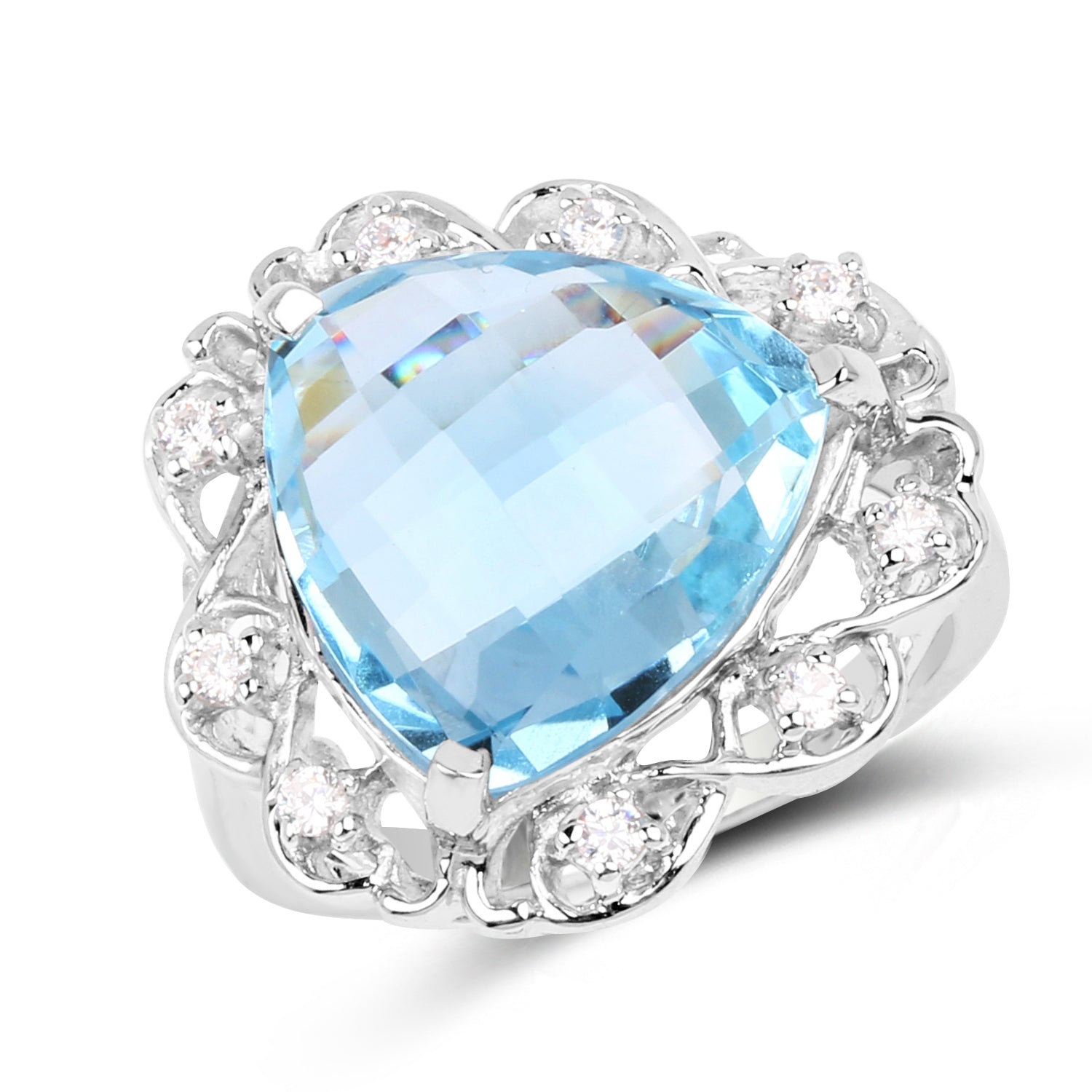 11.01 Carat Genuine Blue Topaz and White Zircon .925 Sterling Silver Ring