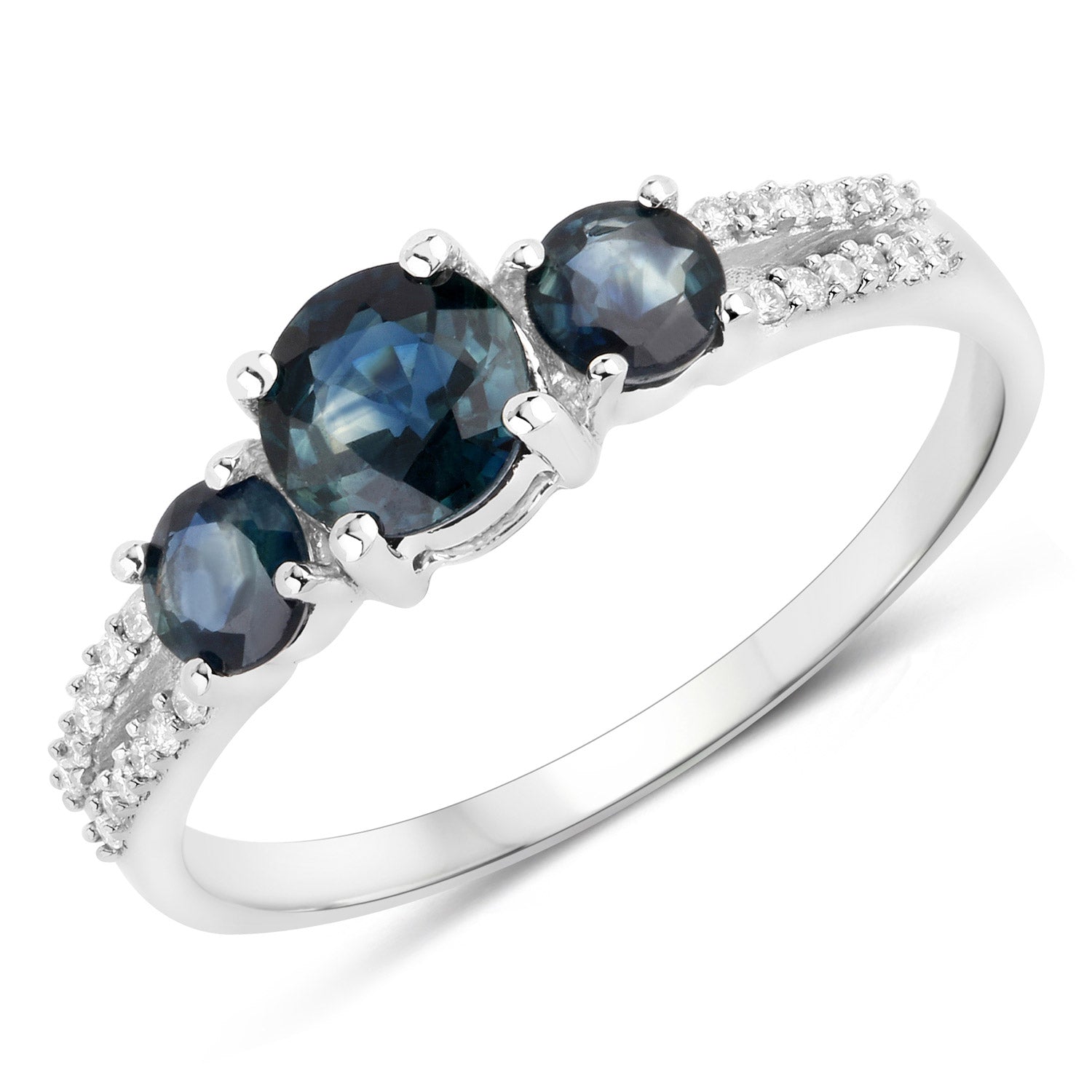 1.08 Carat Genuine Blue Sapphire and White Diamond 14K White Gold Ring