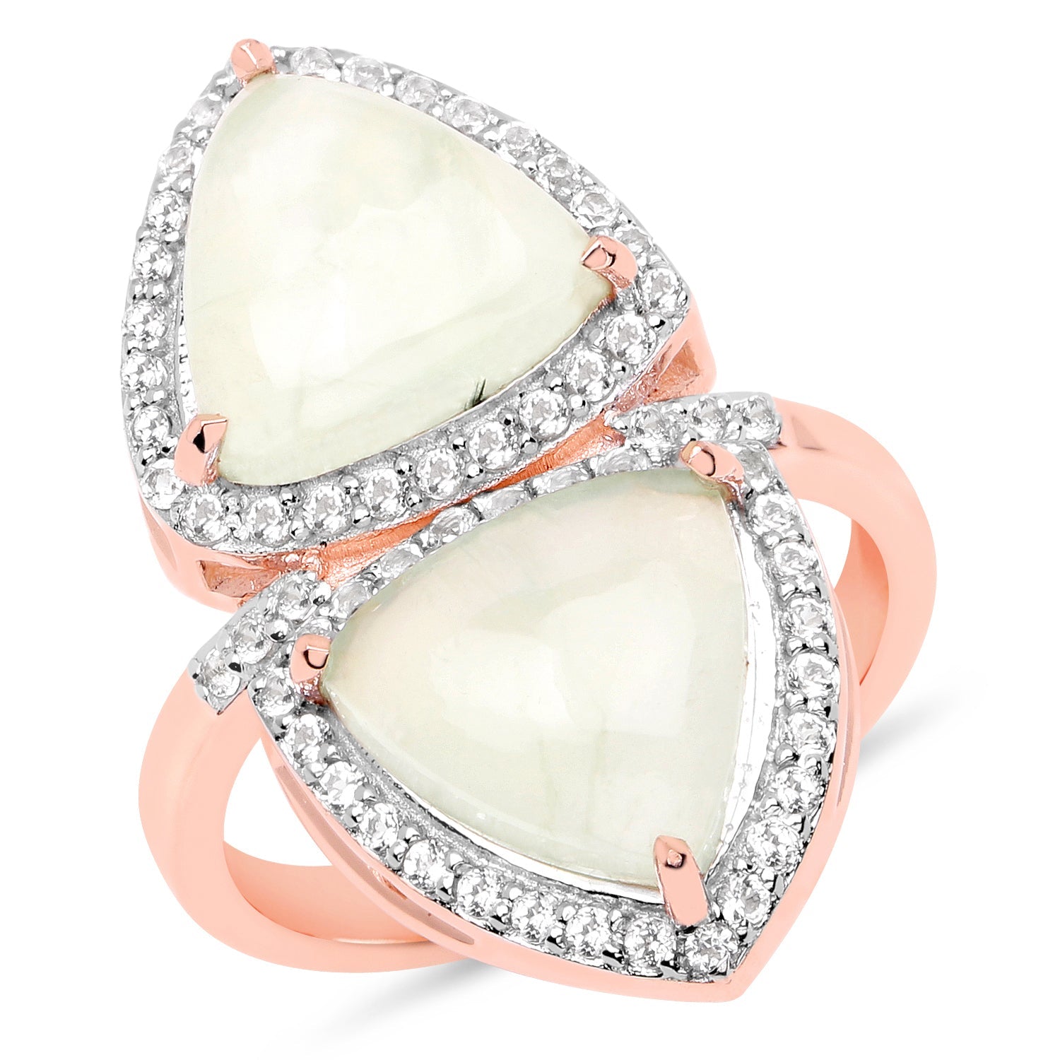 18K Rose Gold Plated 7.58 Carat Genuine Prehnite and White Topaz .925 Sterling Silver Ring