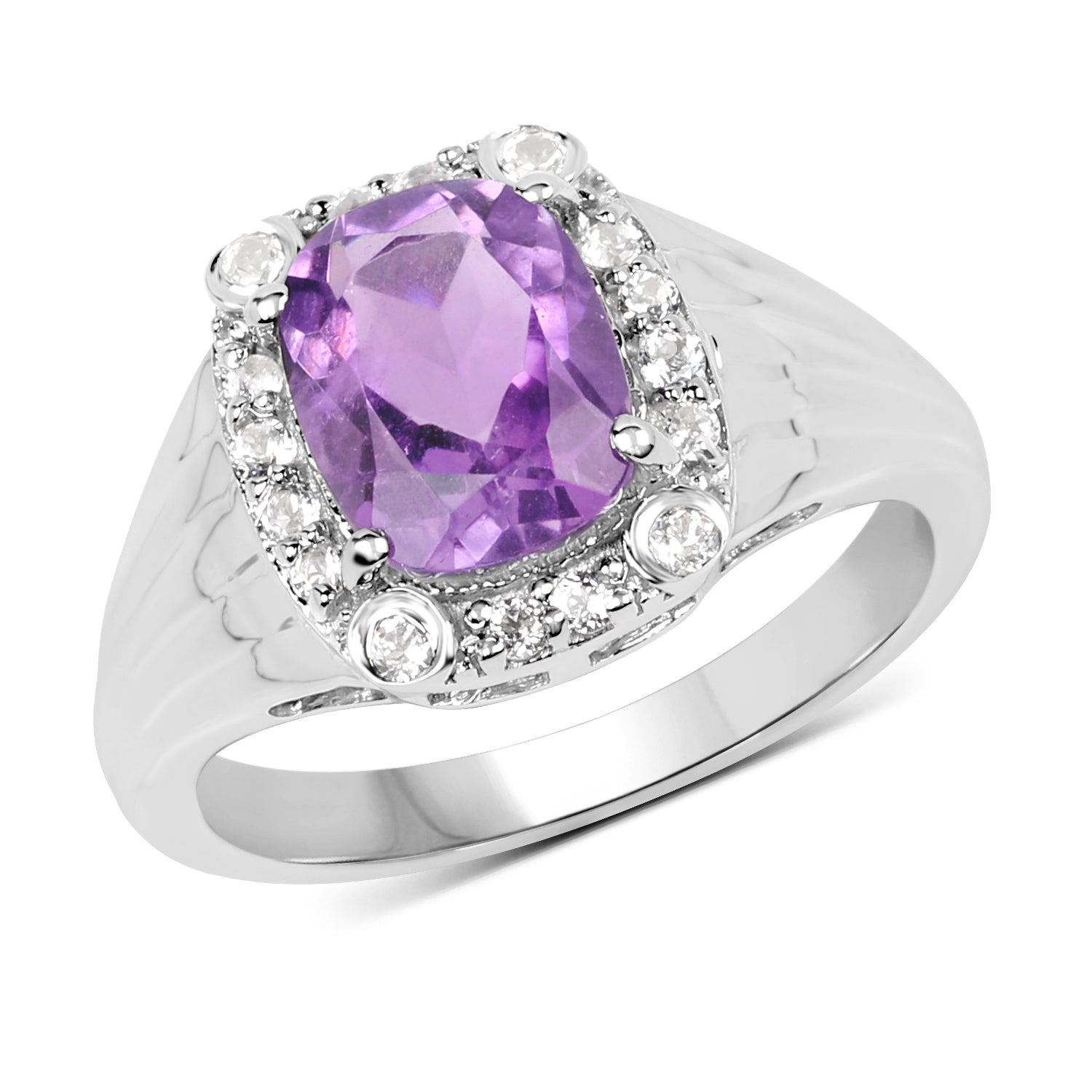 2.13 Carat GenuineAmethyst and White Topaz .925 Sterling Silver Ring