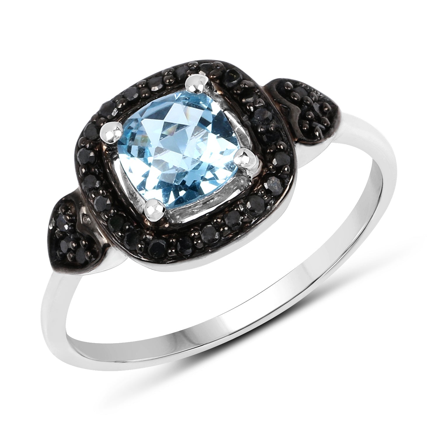 1.19 Carat Genuine Swiss Blue Topaz & Black Diamond .925 Sterling Silver Ring