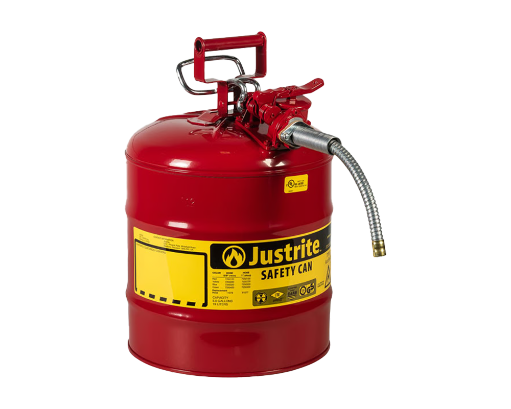 Justrite 5 Gallon, 5/8" Metal Hose, Steel Safety Can for Flammables, Type II, AccuFlow™, Red (7250120)