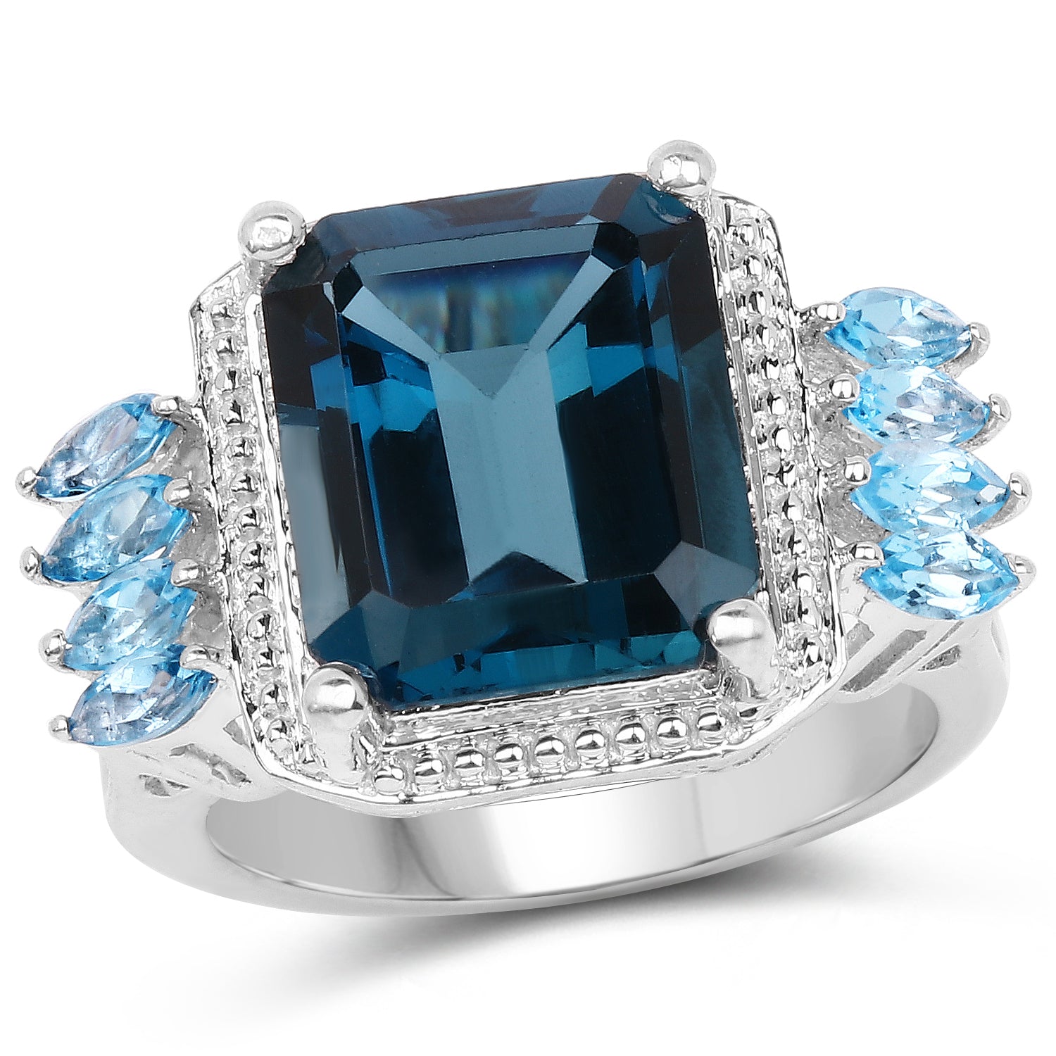 8.17 Carat Genuine London Blue Topaz and Swiss Blue Topaz .925 Sterling Silver Ring