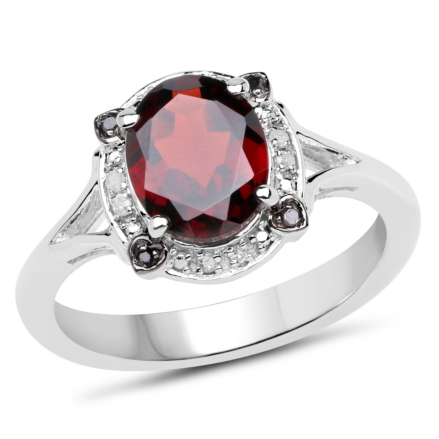 2.05 Carat Genuine Garnet, White Diamond and Black Diamond .925 Sterling Silver Ring