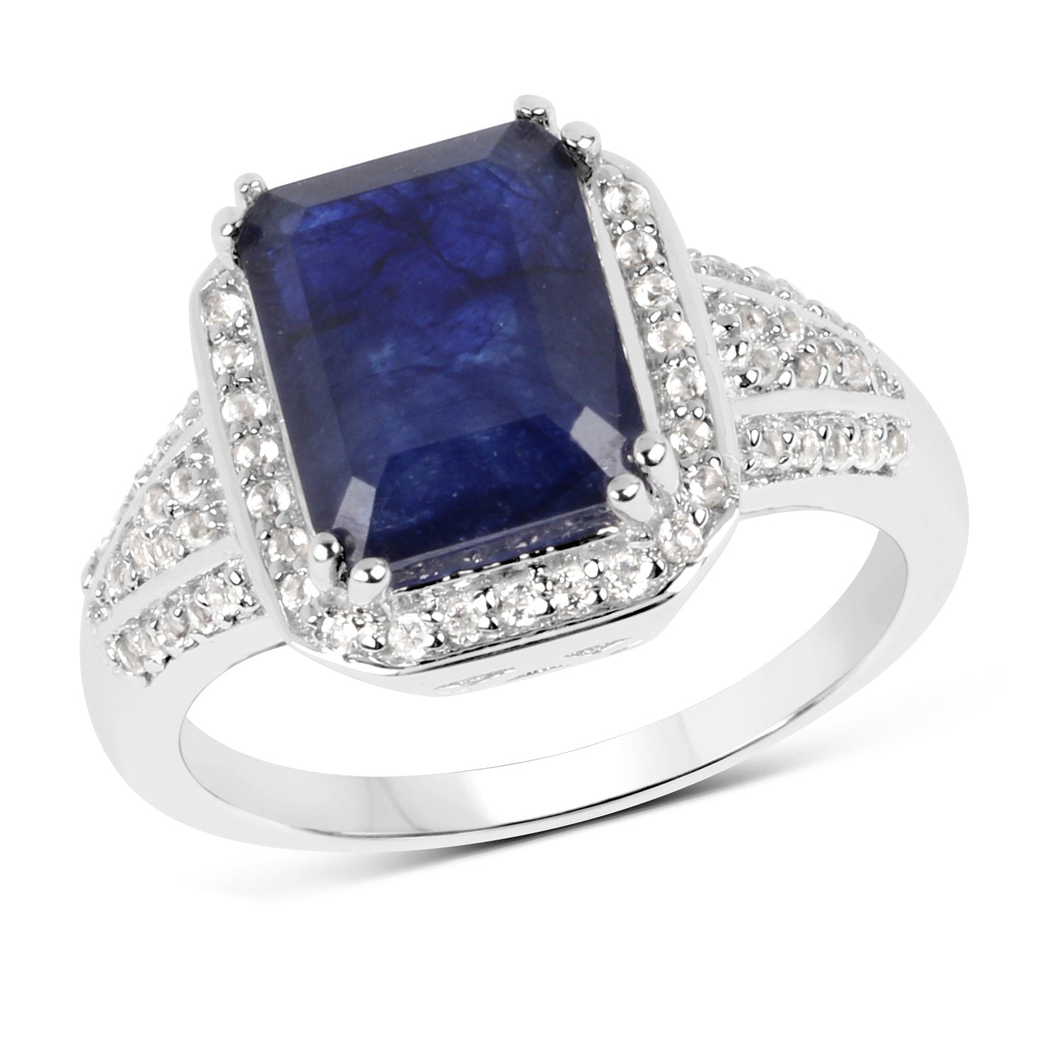 4.80 Carat Glass Filled Sapphire and White Topaz .925 Sterling Silver Ring