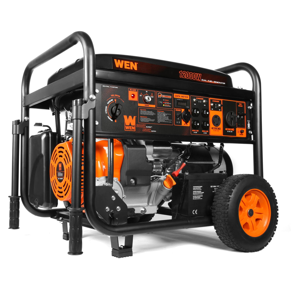 WEN DF1200X 12000-Watt 120-Volt/240-Volt Dual Fuel Transfer-Switch Ready Electric Start Portable Generator with Wheel Kit and CO Shutdown Sensor