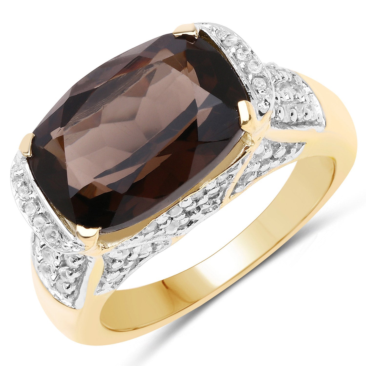 6.65 Carat Genuine Smoky Quartz and White Topaz .925 Sterling Silver Ring