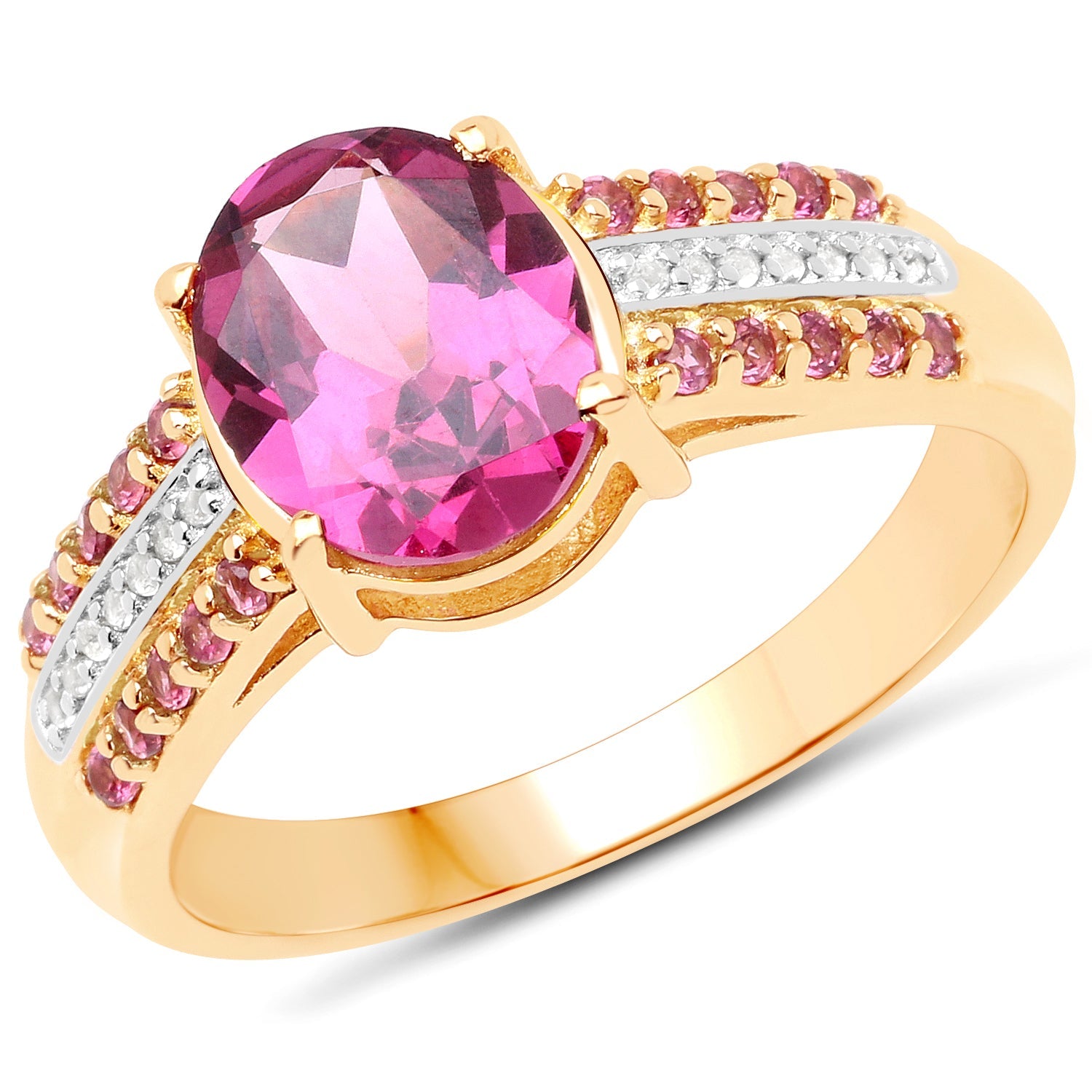 14K Yellow Gold Plated 3.32 Carat Genuine Rhodolite and White Topaz .925 Sterling Silver Ring
