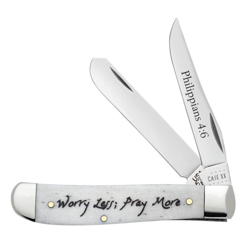 Case XX Religious Sayings Worry Less, Pray More Embellished Smooth Natural Bone Mini Trapper