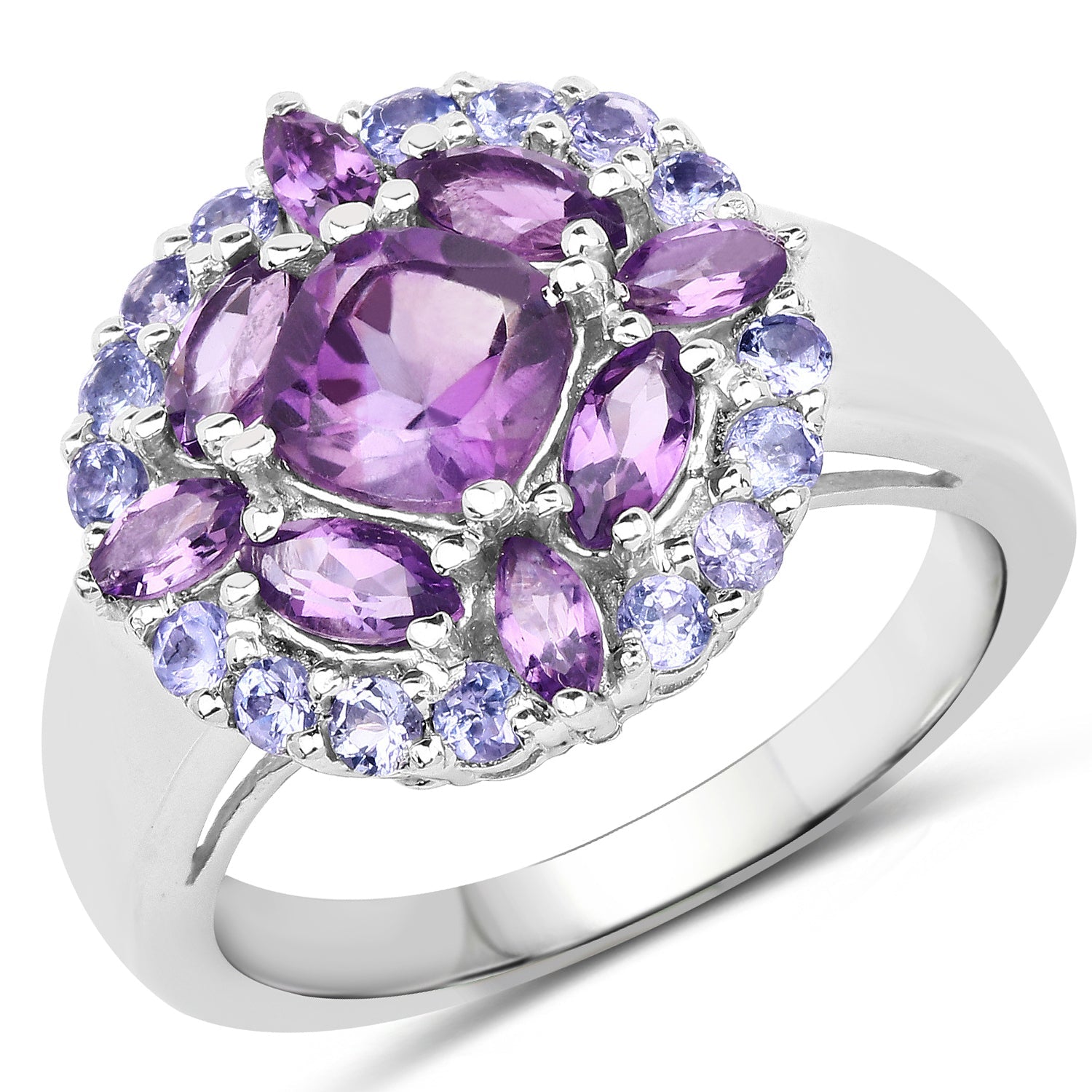 2.19 Carat Genuine Amethyst and Tanzanite .925 Sterling Silver Ring