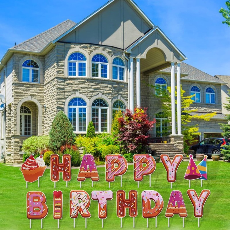 Eyoloty Happy Birthday Yard Sign with Stakes,15 Pcs Birthday Yard Cake Signs,Birthday Letters Signs for Lawn Decorations,Weatherproof Corrugated Board,Not Fade,Outdoor Birthday Party Decorations