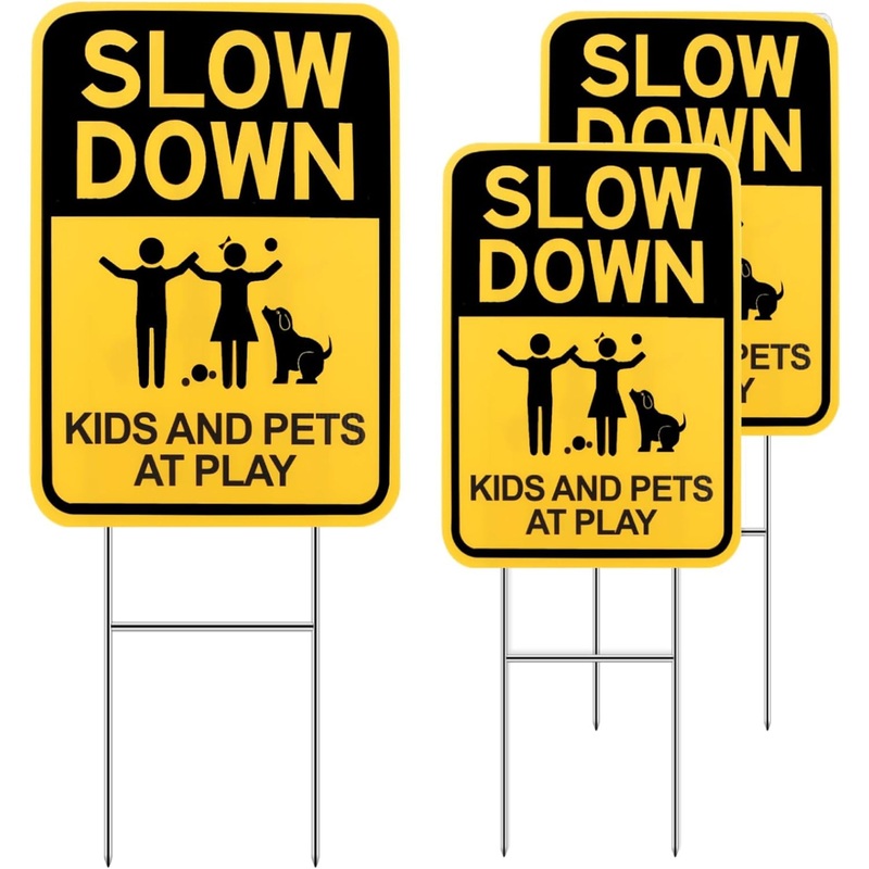 Eyoloty Slow Down Sign with H Stake,16"x12" Kids & Pets at Play Sign for Street Neighborhoods,Double Sided Children Playing Safety Sign,Waterproof,Fade Resistant,Kids Playing Sign for Street 3 Pack