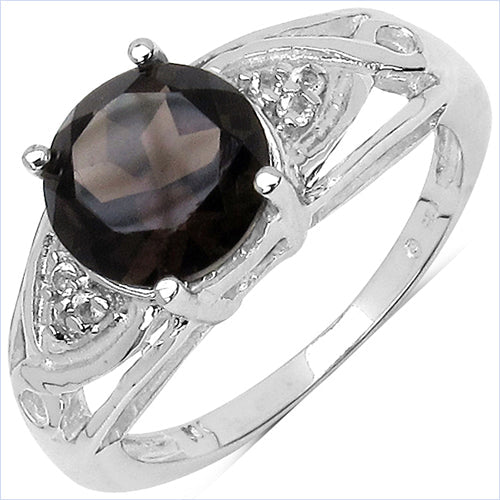 2.59 Carat Genuine Smoky Quartz & White Topaz .925 Sterling Silver Ring
