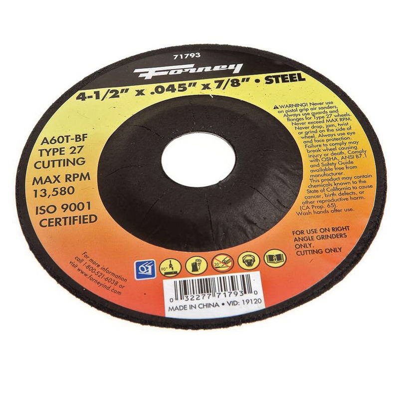 Forney 71793 Cut-Off Wheel, Type 27 Wheel, 4-1/2 in Dia, 0.045 in Thick, 7/8 in Arbor, 60 Grit, Medium Grit