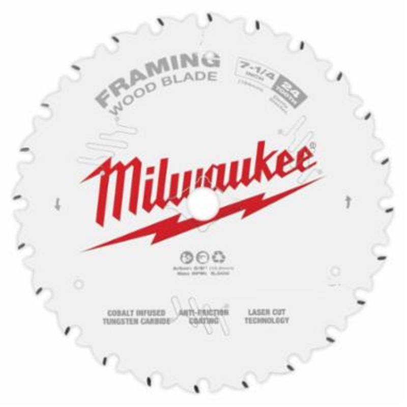 Milwaukee 48-41-0720 Circular Saw Blade, 7-1/4 in Dia, 0.063 in W Cut, ATB, Thin Kerf Teeth, 24-Teeth, 18 deg Hook