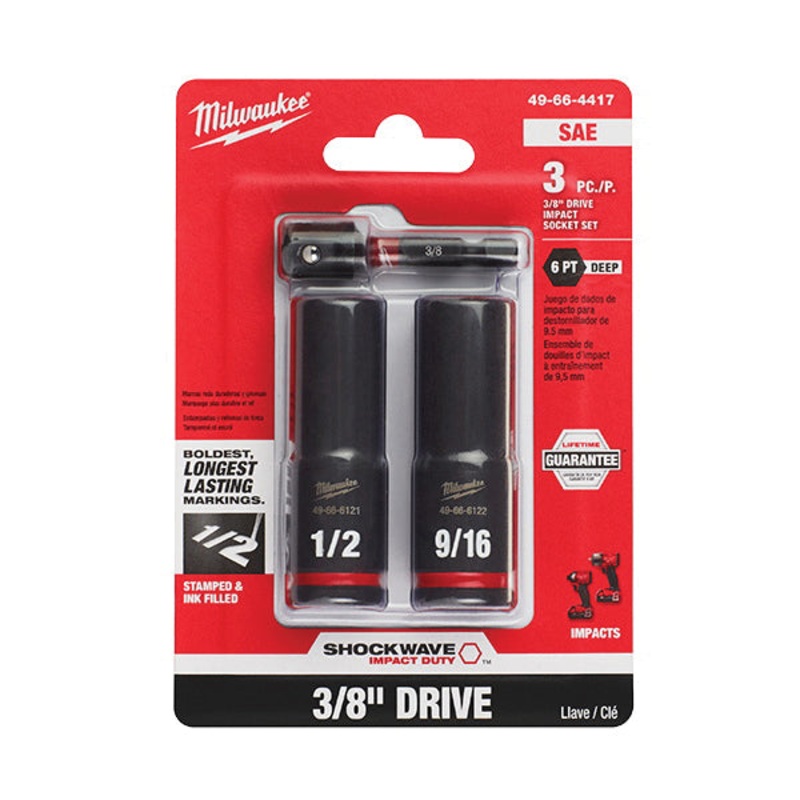 Milwaukee SHOCKWAVE Impact Duty 49-66-4417 Deep Socket Set, 3/8 in Drive, System of Measurement: Imperial, 6 -Point
