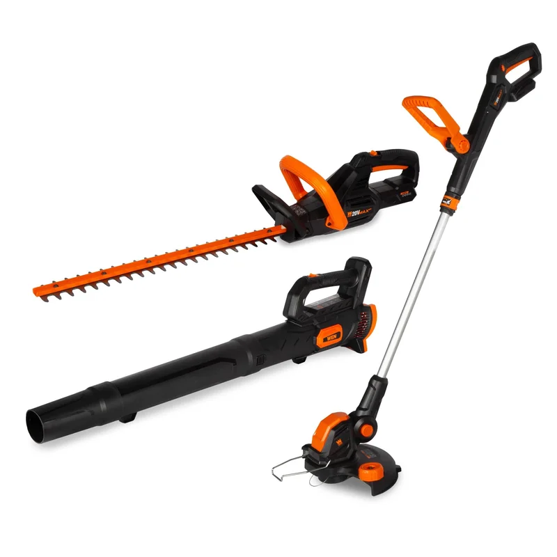 WEN 20VK3HTB 20V Max Cordless Hedge Trimmer, String Trimmer and Leaf Blower Combo Kit with 4Ah Battery and charger